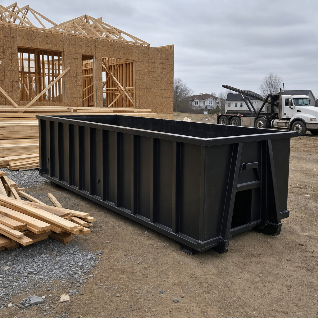 Matte-black 40-yard roll-off dumpster staged on a framed-out residential construction site in Tiverton, framing lumber stacked nearby, hooklift delivery truck visible in the background under bright Colorado daylight