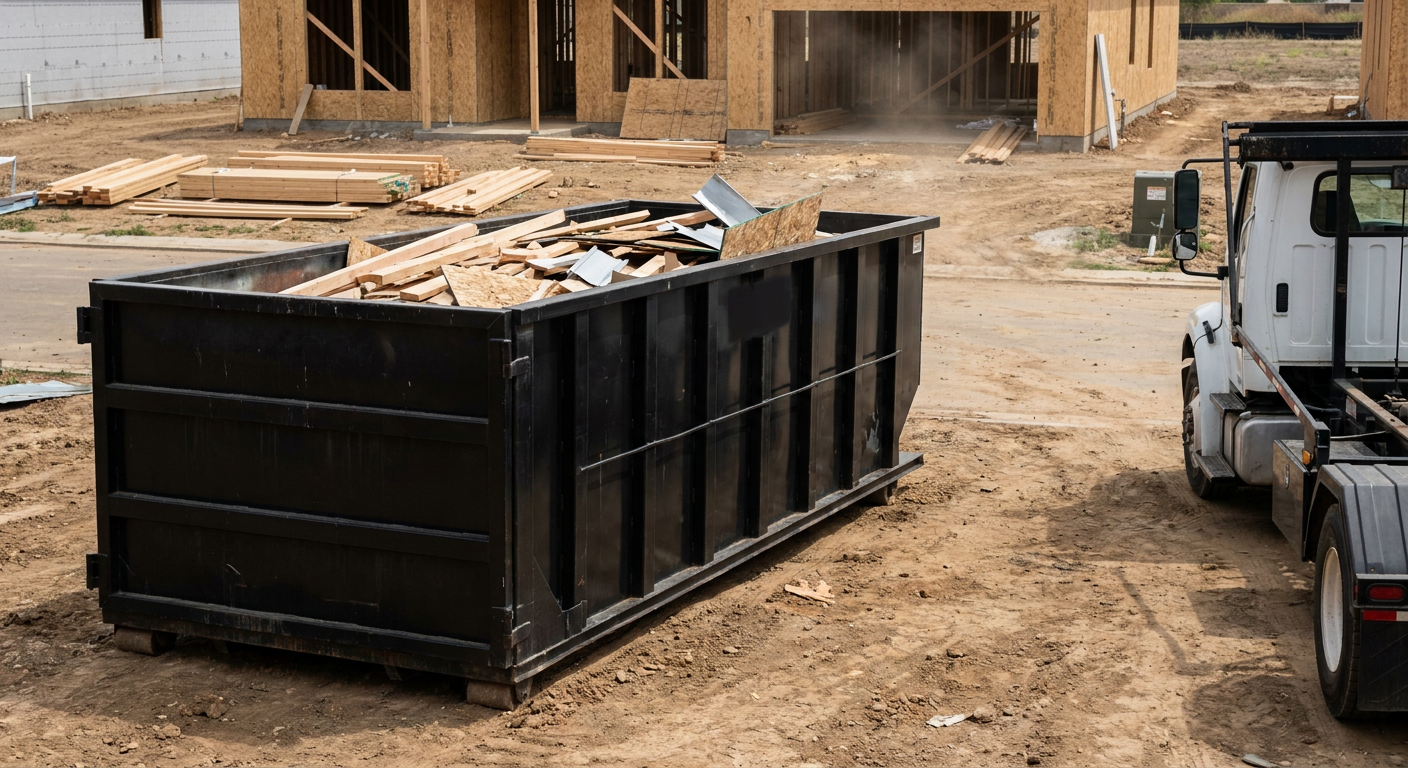 Matte-black 20-yard roll-off construction dumpster with heavy ribbed steel sidewalls and swing rear doors at a working jobsite in Tiverton, sitting directly on compacted dirt with an unmarked white hauler partially visible at the far edge of the frame.