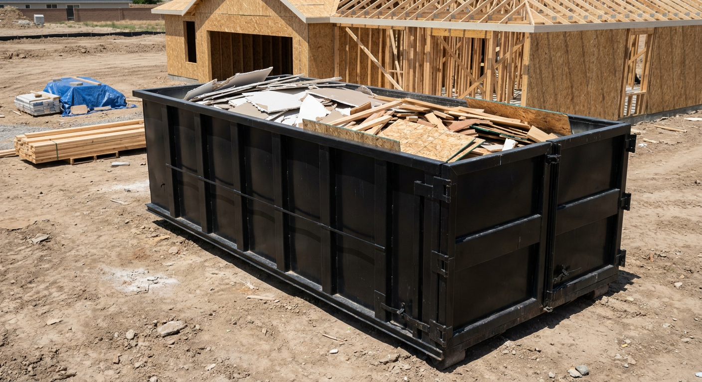 Matte-black 30-yard roll-off construction dumpster sitting directly on the compacted-dirt site of a framed single-family home build in Tiverton, drywall and lumber scrap loaded inside.
