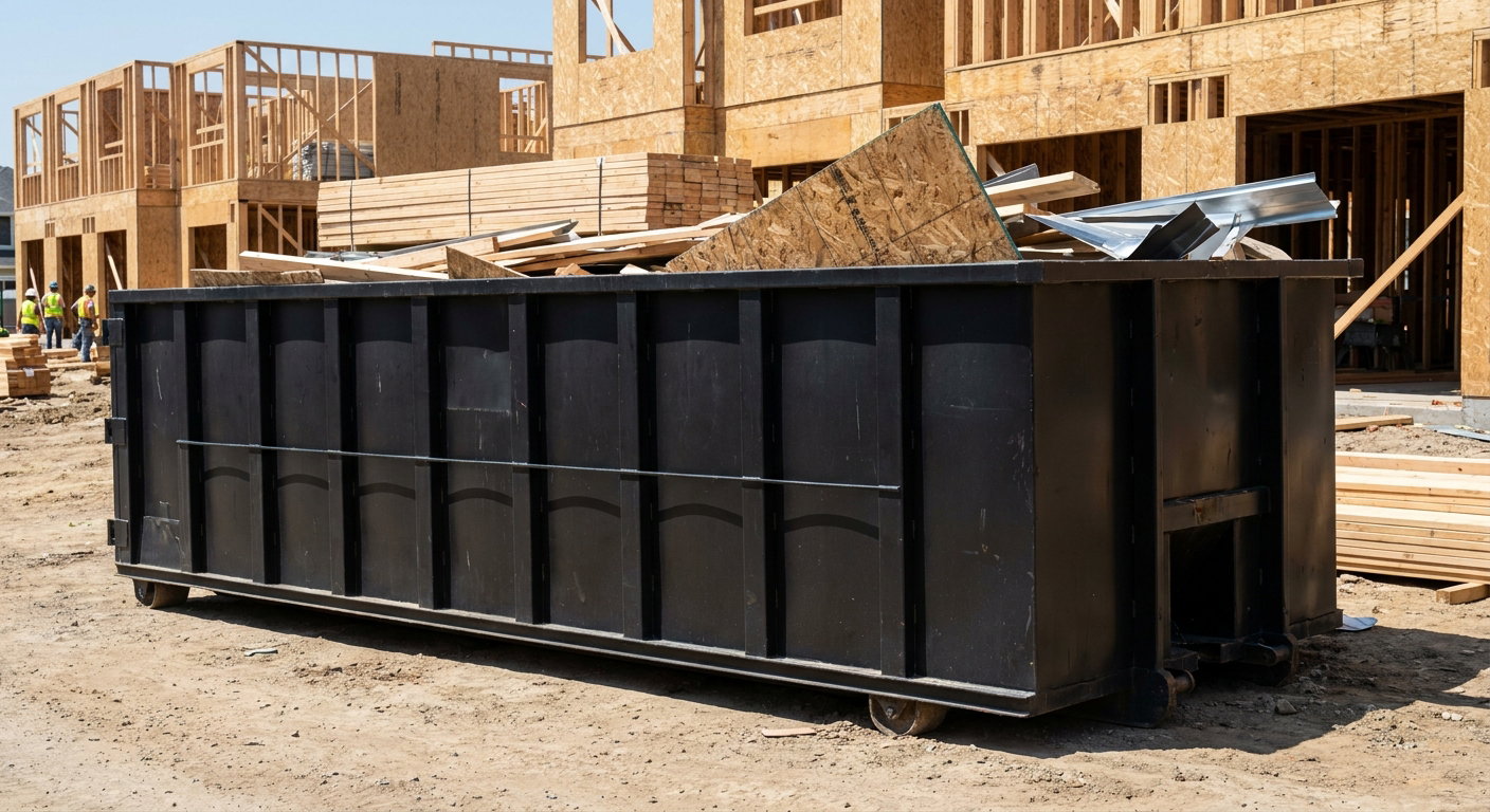 Matte-black 40-yard roll-off construction dumpster being lowered from a white-cab hooklift delivery truck onto the compacted-dirt jobsite at a commercial build site in Tiverton