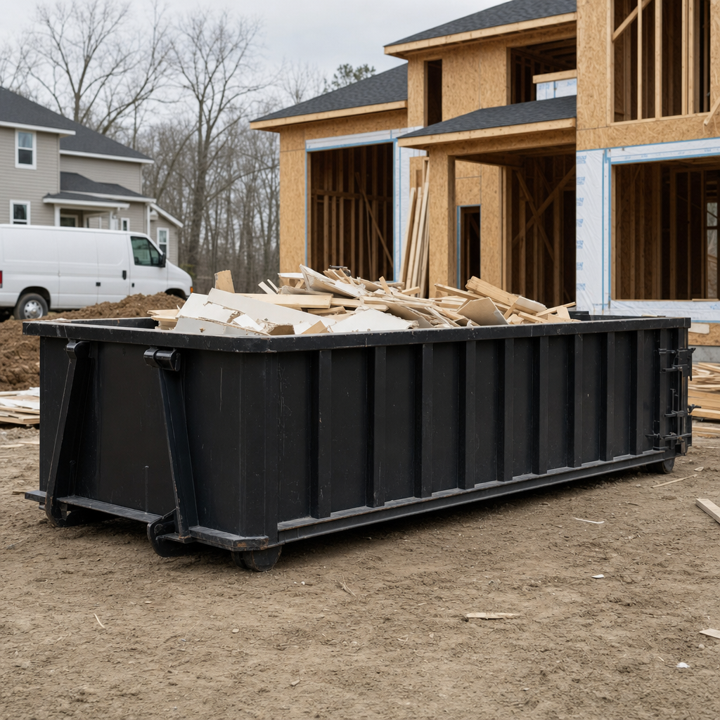 Worker in a yellow high-visibility vest tossing framing lumber and broken drywall into a matte-black 30-yard construction roll-off dumpster on an active build site in Tiverton, bright daylight