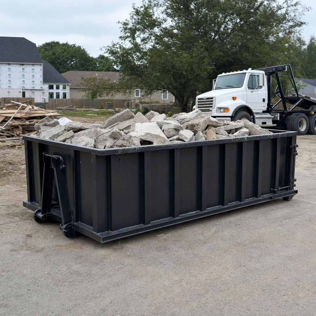 Low-profile matte-black lowboy roll-off dumpster loaded with broken concrete slab and rebar at a foundation tear-out in Tiverton, skid steer parked beside it, sunny Colorado morning