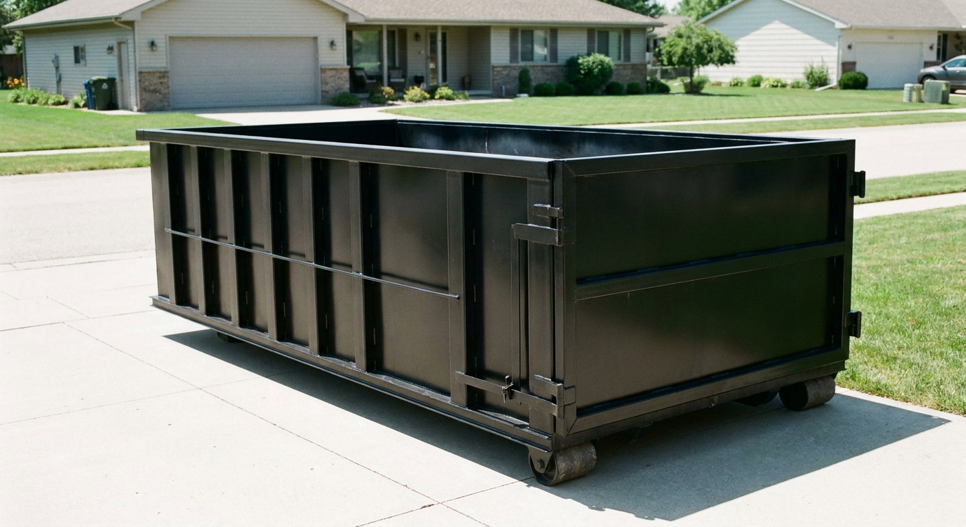 Matte-black 10-yard roll-off dumpster on a residential concrete driveway in Tiverton, uniformly painted matte black across every panel and rail, ribbed steel sidewalls and rear swing door visible, mid-day daylight.