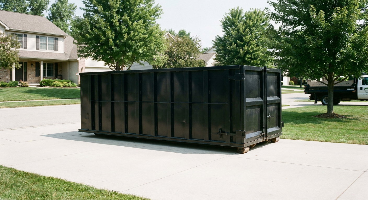 Matte-black 20-yard roll-off dumpster sitting level on a clean Tiverton residential concrete driveway under bright daylight, demonstrating clean placement directly on the concrete.