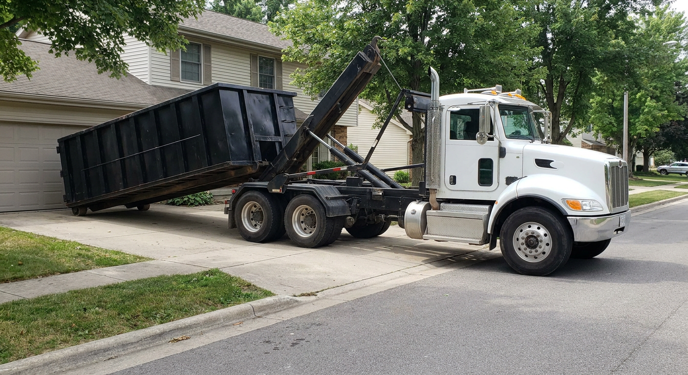 White-cab hooklift roll-off truck actively lowering a matte-black dumpster onto a Tiverton residential concrete driveway, the dumpster's rear wheels touching the driveway as the hoist arm tilts the bed forward, mid-morning daylight.