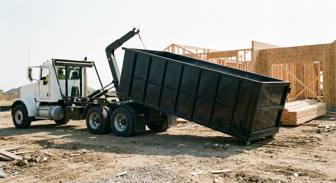 Matte-black roll-off dumpster being delivered onto a clean residential concrete driveway in Tiverton by an unmarked white hooklift hauler truck, bright morning daylight, documentary 35mm perspective.