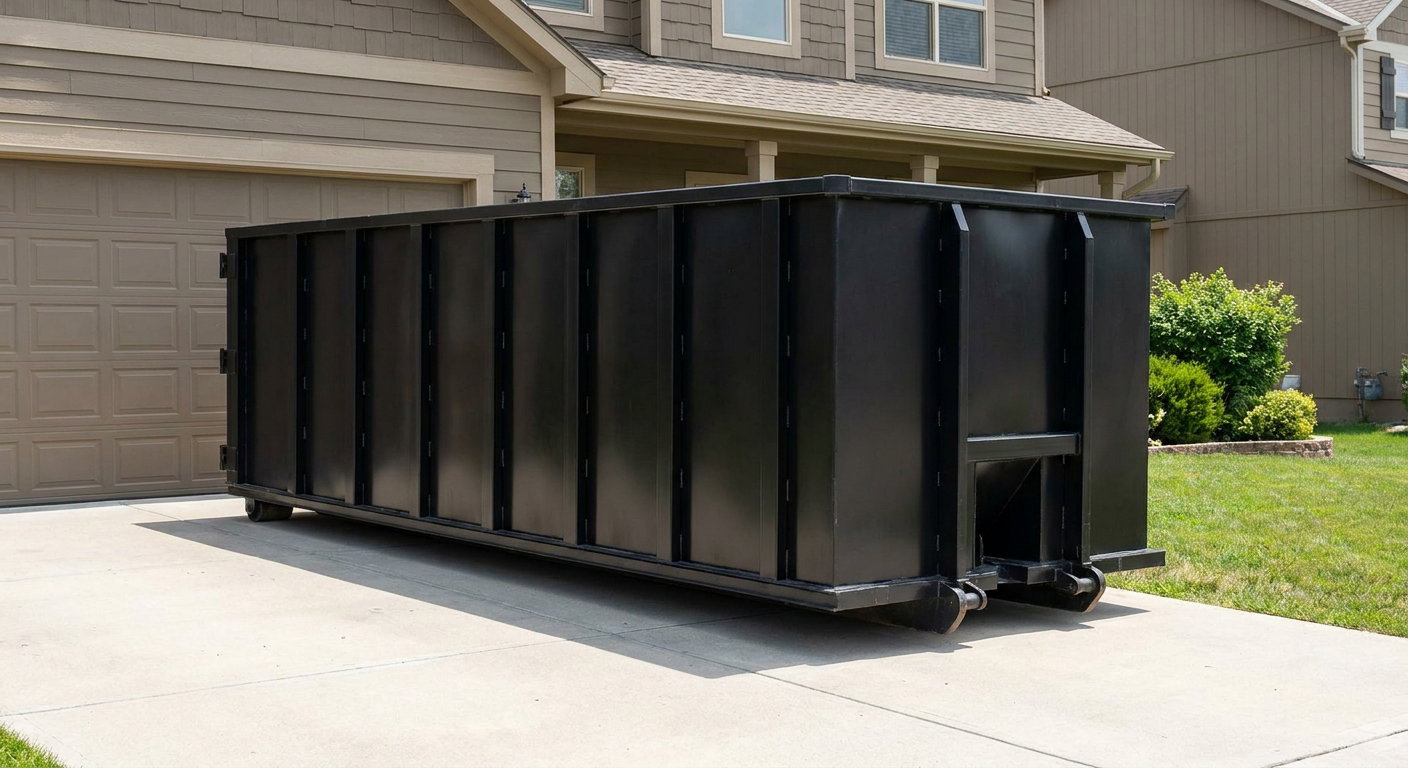 Matte-black residential roll-off dumpster sitting directly on a suburban Tiverton concrete driveway, garage door closed, single-family home in background, bright morning daylight.