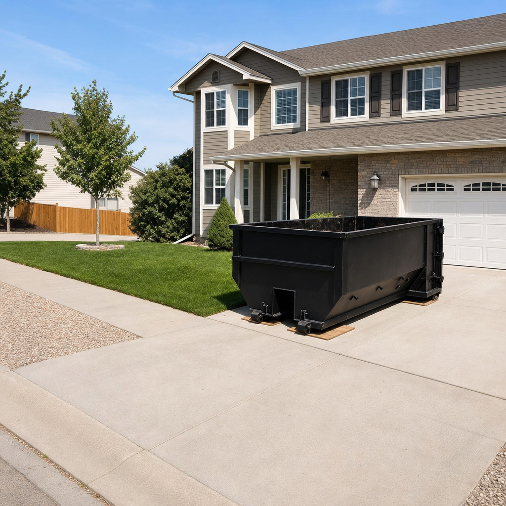 10-yard matte-black residential dumpster placed directly on a narrow Tiverton concrete driveway, room remains for a parked sedan beside it, mid-morning natural light