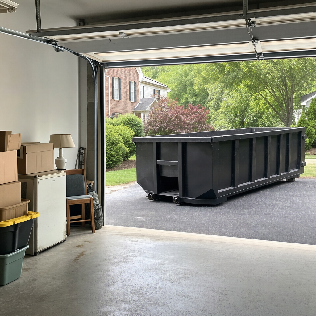 Open garage interior in a Tiverton home mid-cleanout — boxed items, an old appliance, and stacked yard tools queued near the driveway for a matte-black roll-off dumpster, organized and calm