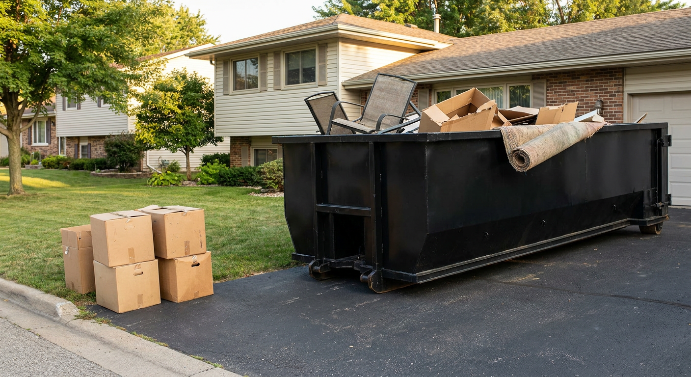 Front-yard view of a Tiverton split-level home with a 20-yard matte-black roll-off dumpster sitting directly on the asphalt driveway, a few clearly labeled donation boxes staged at the curb, calm sunny afternoon.