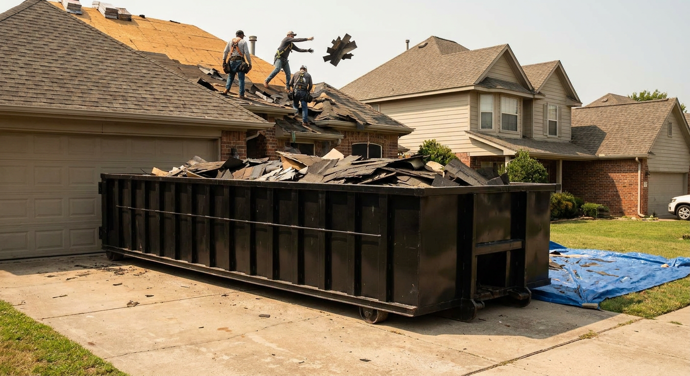Matte-black roofing roll-off dumpster placed directly on a Tiverton residential concrete driveway, a tear-off crew on a two-story asphalt-shingle roof tossing shingle bundles into the low-walled container, bright daylight, documentary 35mm perspective.