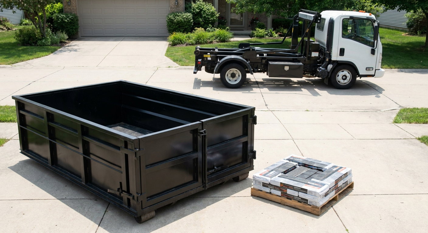 Matte-black 15-yard roofing roll-off dumpster with reinforced low side walls sitting directly on a Tiverton residential concrete driveway, three-tab asphalt shingle bundles stacked nearby, an unmarked white hauler truck partially visible at the edge of the frame.