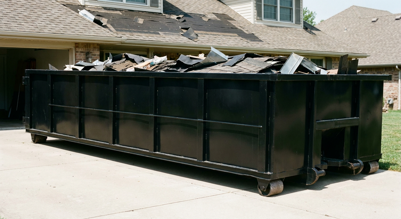 Matte-black 20-yard roofing roll-off dumpster with steel ribbed sides and swinging rear door, sitting directly on the concrete driveway of a two-story Tiverton home, asphalt shingle debris being loaded over the low wall, clean documentary lighting.