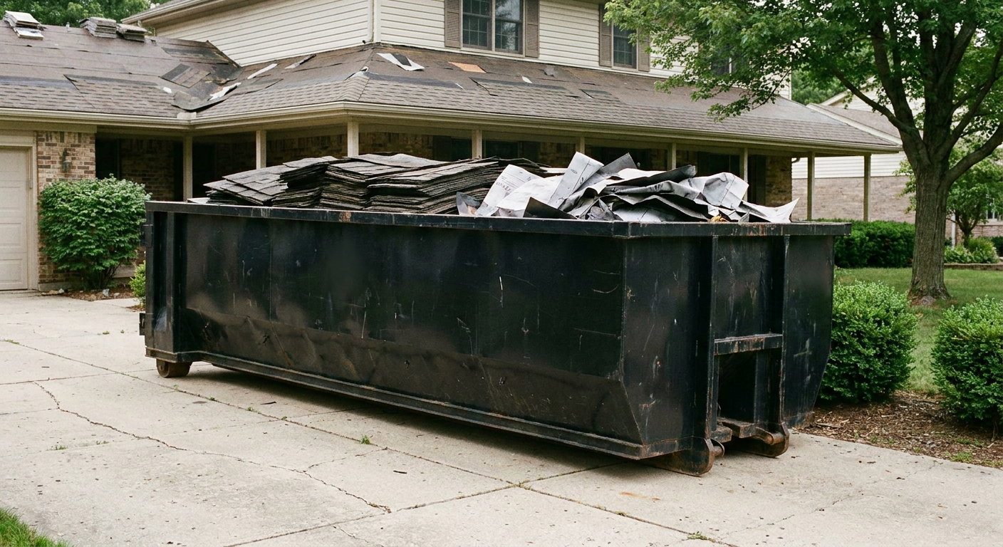 Matte-black 30-yard roofing roll-off dumpster sitting directly on a Tiverton concrete driveway, taller ribbed steel side panels, mixed tear-off debris of asphalt shingles and underlayment inside, professional documentary daylight.