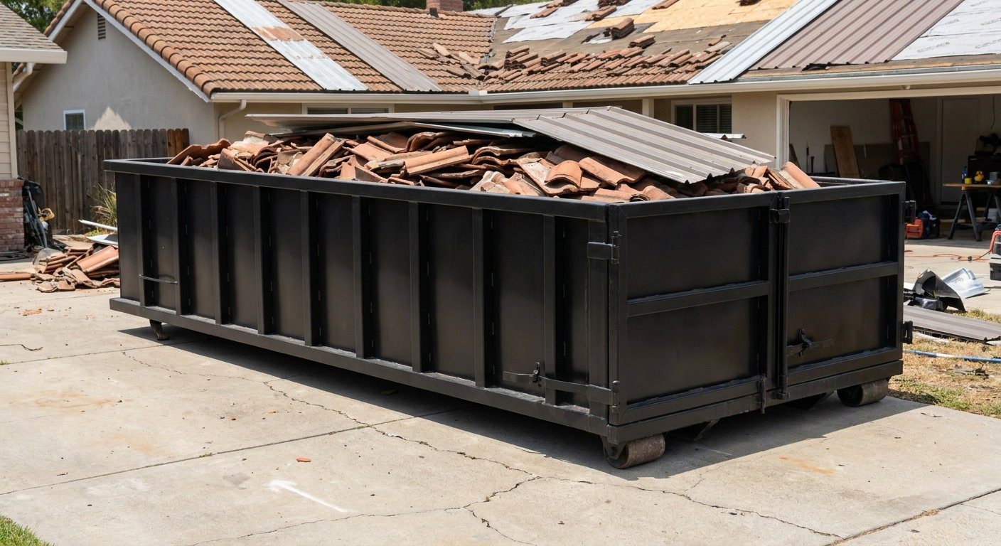 Matte-black low-wall heavy-debris roofing roll-off dumpster sitting directly on a Tiverton concrete driveway, broken concrete clay roof tiles and metal panel sections loaded inside, reinforced ribbed steel side walls visible, bright outdoor daylight.