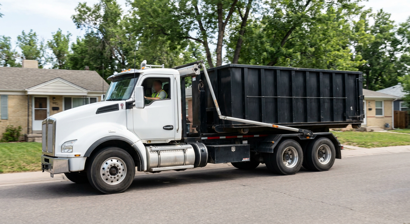A wide documentary shot of a matte-black roll-off delivery truck pulling onto a quiet Tiverton residential street at mid-morning, with neighborhood rooftops and tree-lined blocks visible behind, showing the metro coverage footprint.