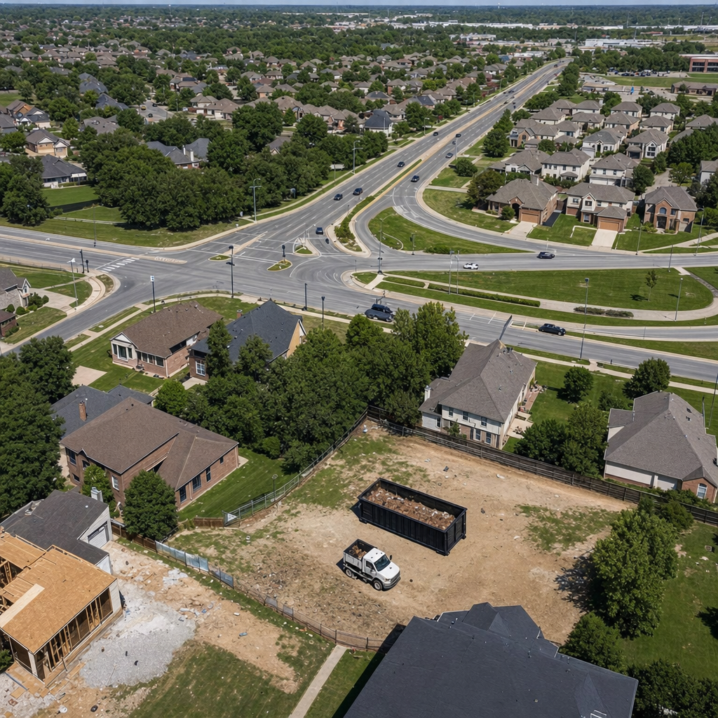 An overhead documentary view of the Tiverton metro area at midday, showing the spread of neighborhoods, arterial roads, and the dispatch radius from a central yard — clean daylight, organized geographic layout.
