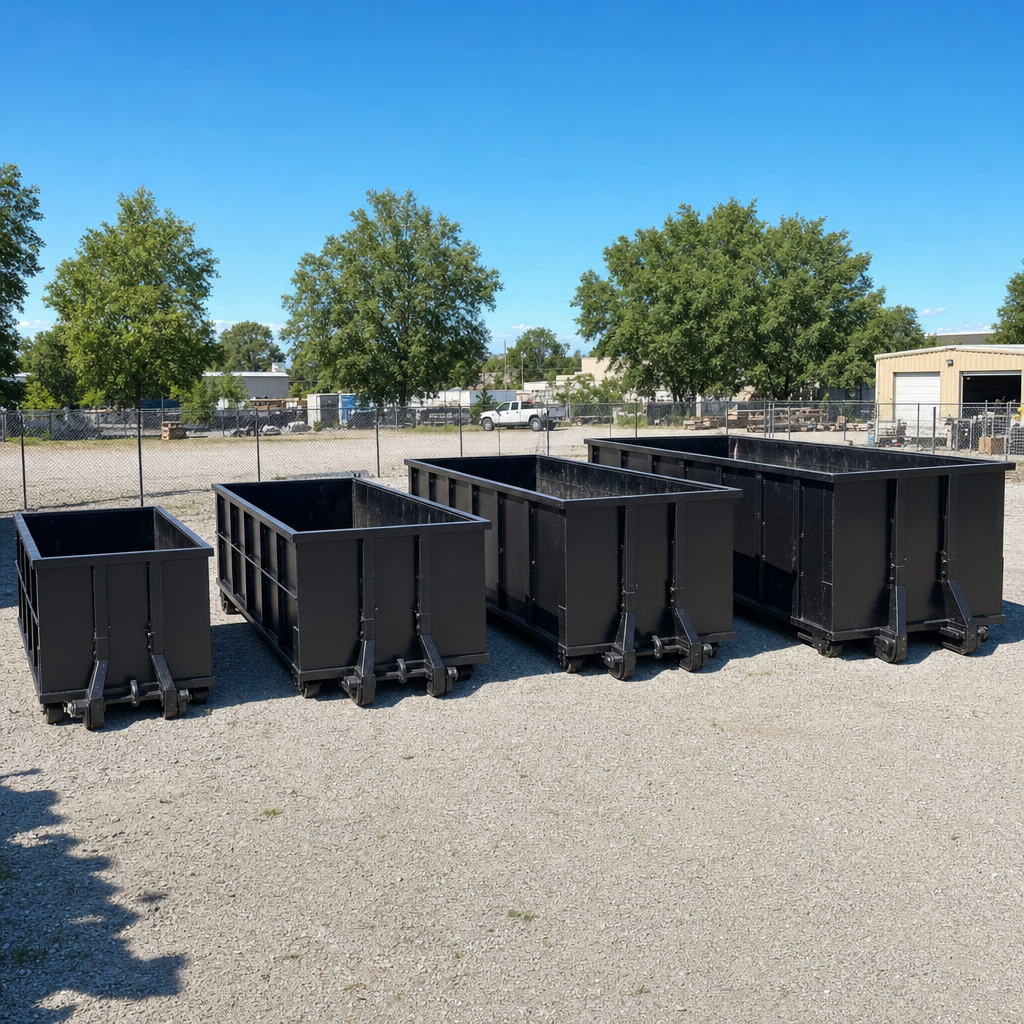 A clean lineup of matte-black roll-off dumpsters in 10, 20, 30, and 40-yard sizes staged on a sunlit gravel yard in Tiverton, showing the size progression from compact to commercial-scale containers.
