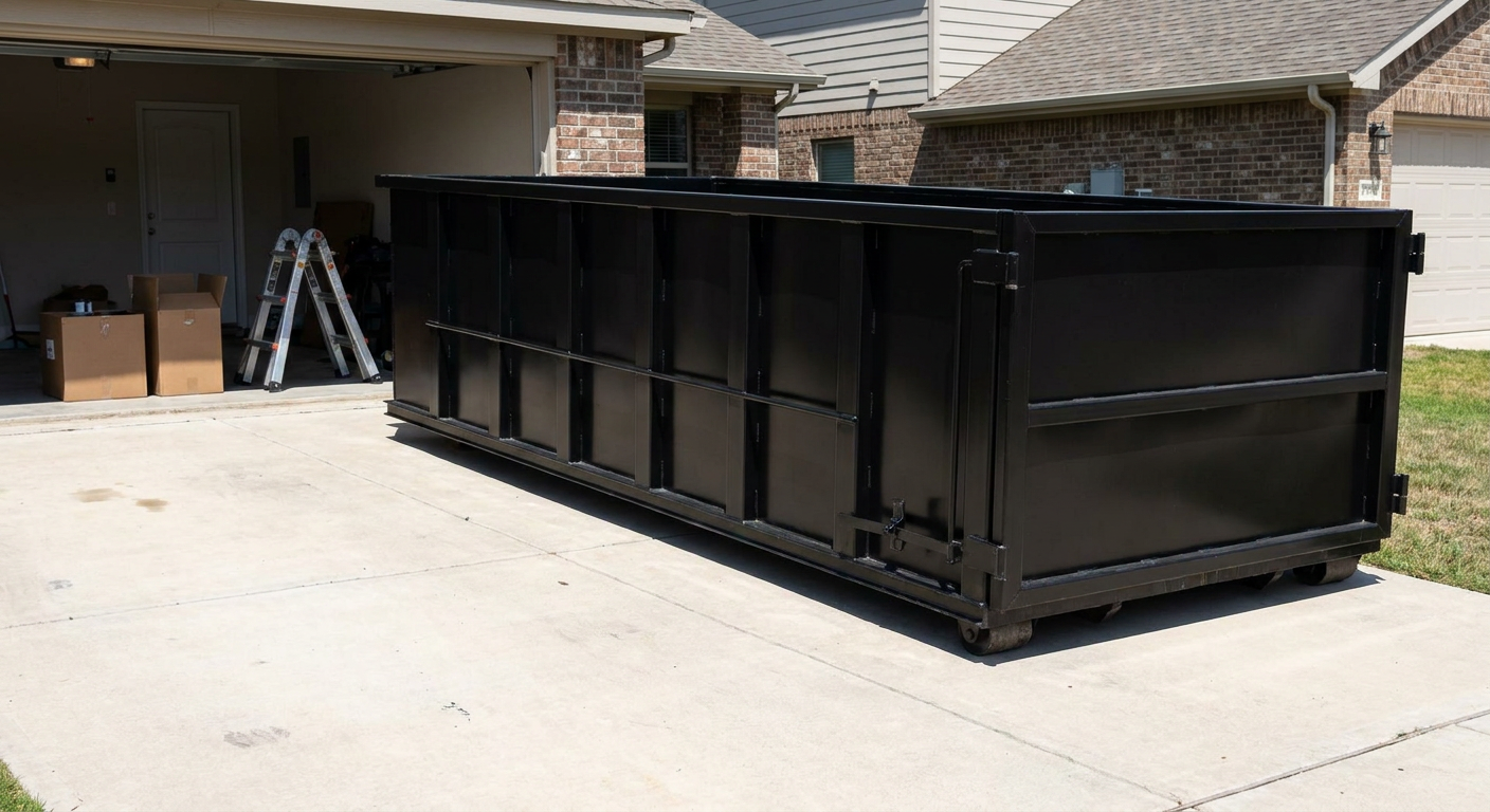 A matte-black 10-yard roll-off dumpster sitting directly on a residential Tiverton concrete driveway, mid-day sunlight, clean and ready for a garage cleanout.