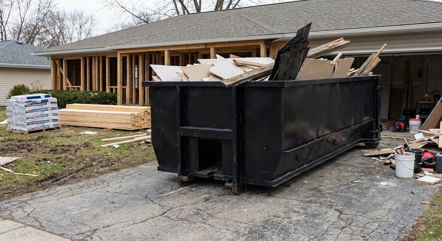 A matte-black 20-yard roll-off dumpster placed alongside a mid-renovation Tiverton home directly on the asphalt driveway, with framing materials and torn-off shingles staged neatly nearby.