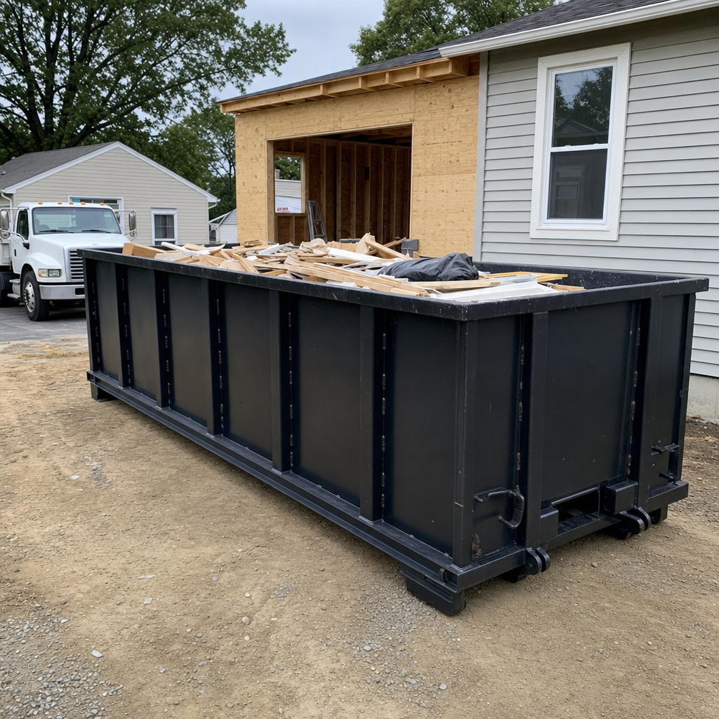 A matte-black 30-yard roll-off dumpster positioned at a Tiverton residential addition jobsite, with framing lumber and drywall scraps loaded through the open swinging rear doors.