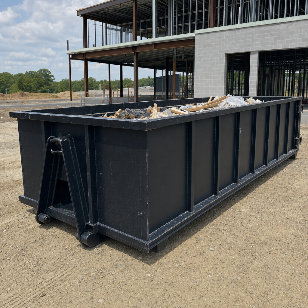 A matte-black 40-yard roll-off dumpster staged on a large Tiverton commercial construction lot, with a hooklift delivery truck parked alongside under bright midday sky.