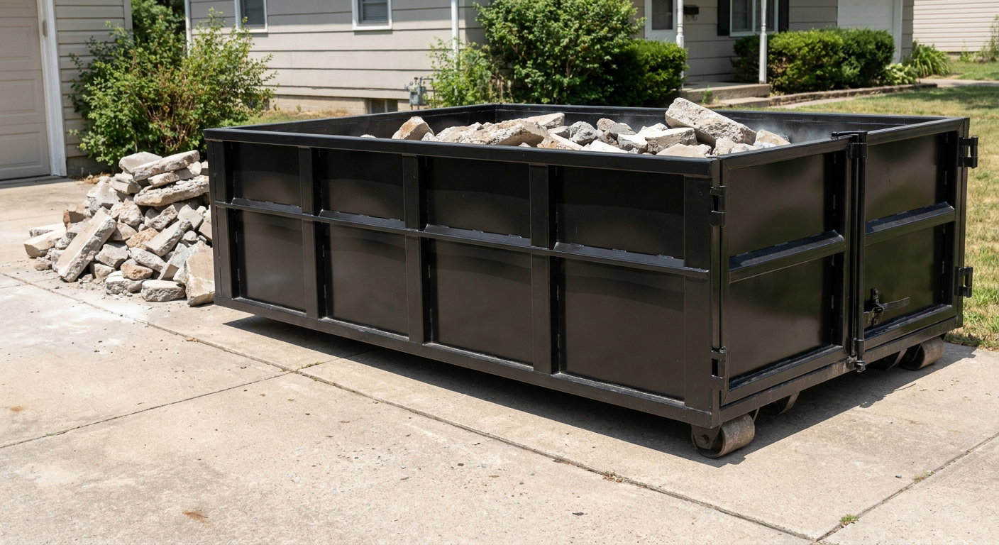 A matte-black low-side heavy-debris roll-off dumpster placed directly on a Tiverton concrete driveway, with broken concrete chunks neatly stacked beside it under clean daylight.